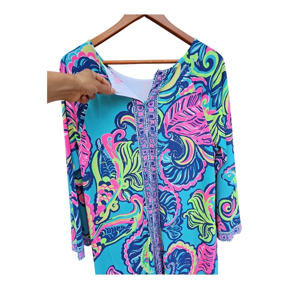 Lilly Pulitzer Bellavista Sea Blue Tropical Print Swing Dress Size L - Picture 7 of 10